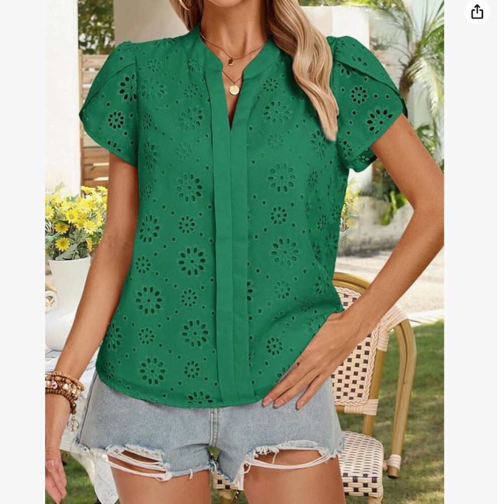 Kate Kasin Green Eyelet Lace Blouse | Short Petal Sleeves | NWOT | Size Large - Picture 2 of 16
